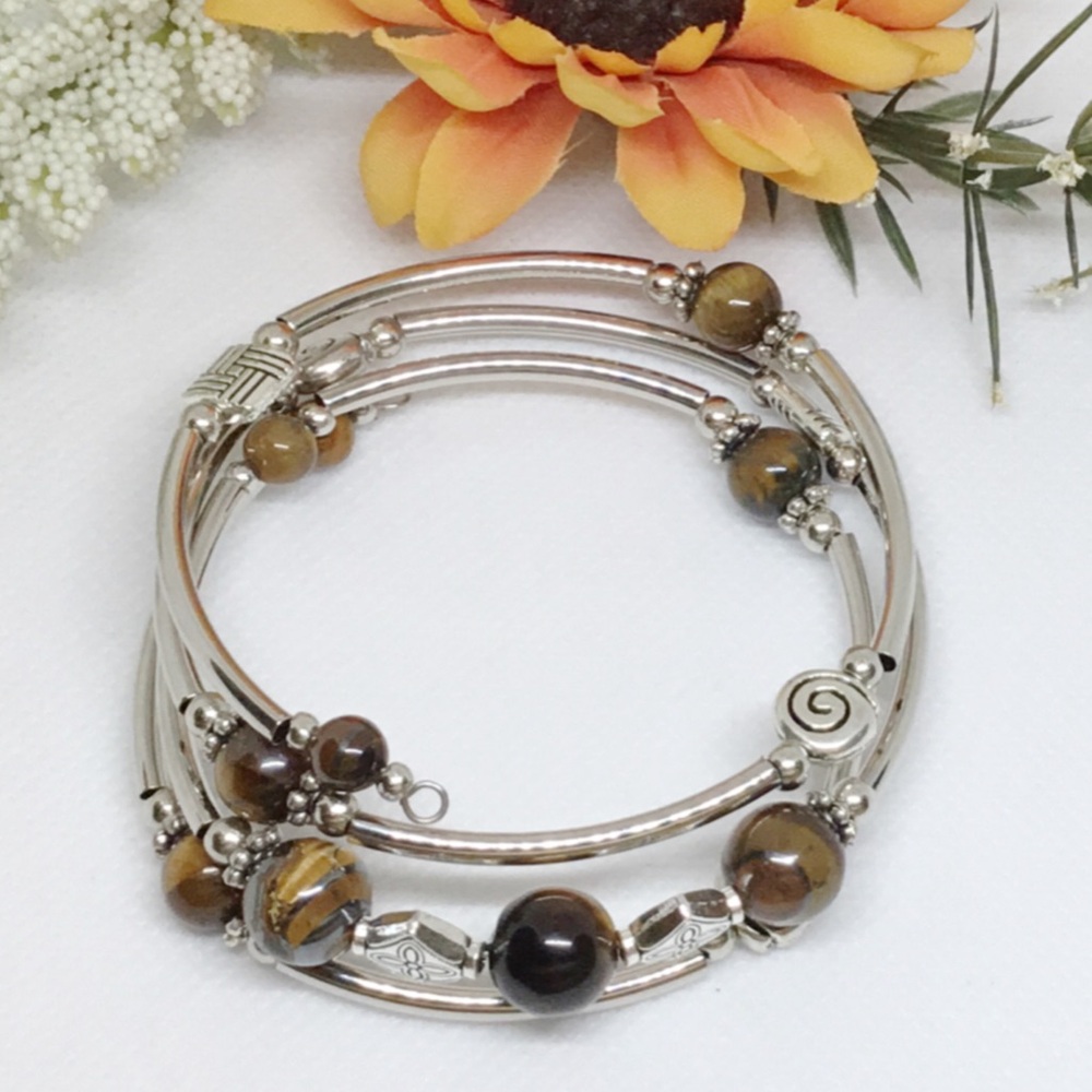 Tiger Eye Bead Silver Wrap Bracelet